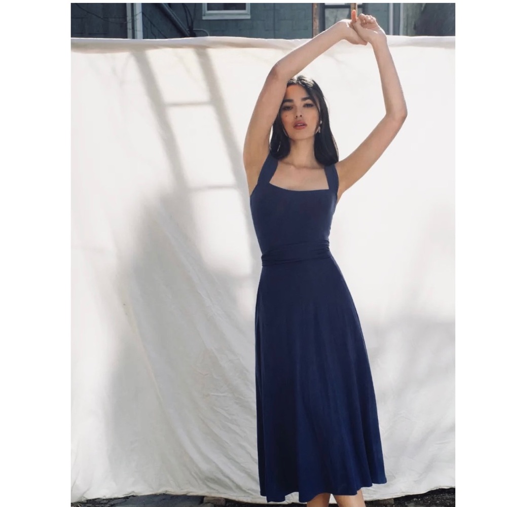 NEW REFORMATION DARK BLUE TIE BACK MIDI DRESS - Picture 8 of 8